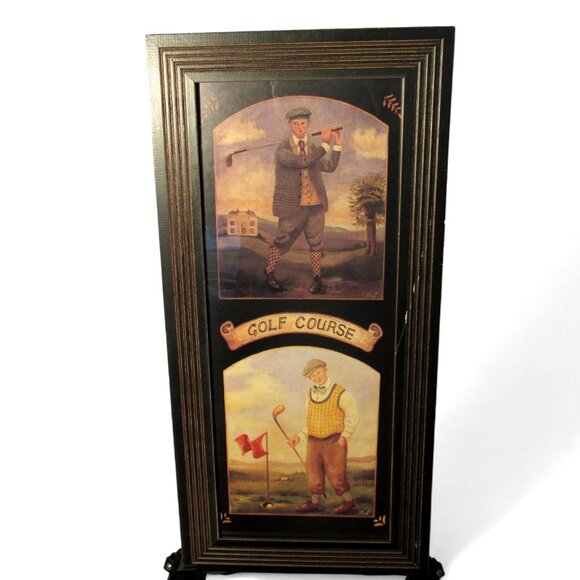GOLF COURSE Two Golfers Lithograph Print By Mid Framed Vintage 23" Tall - Picture 1 of 10